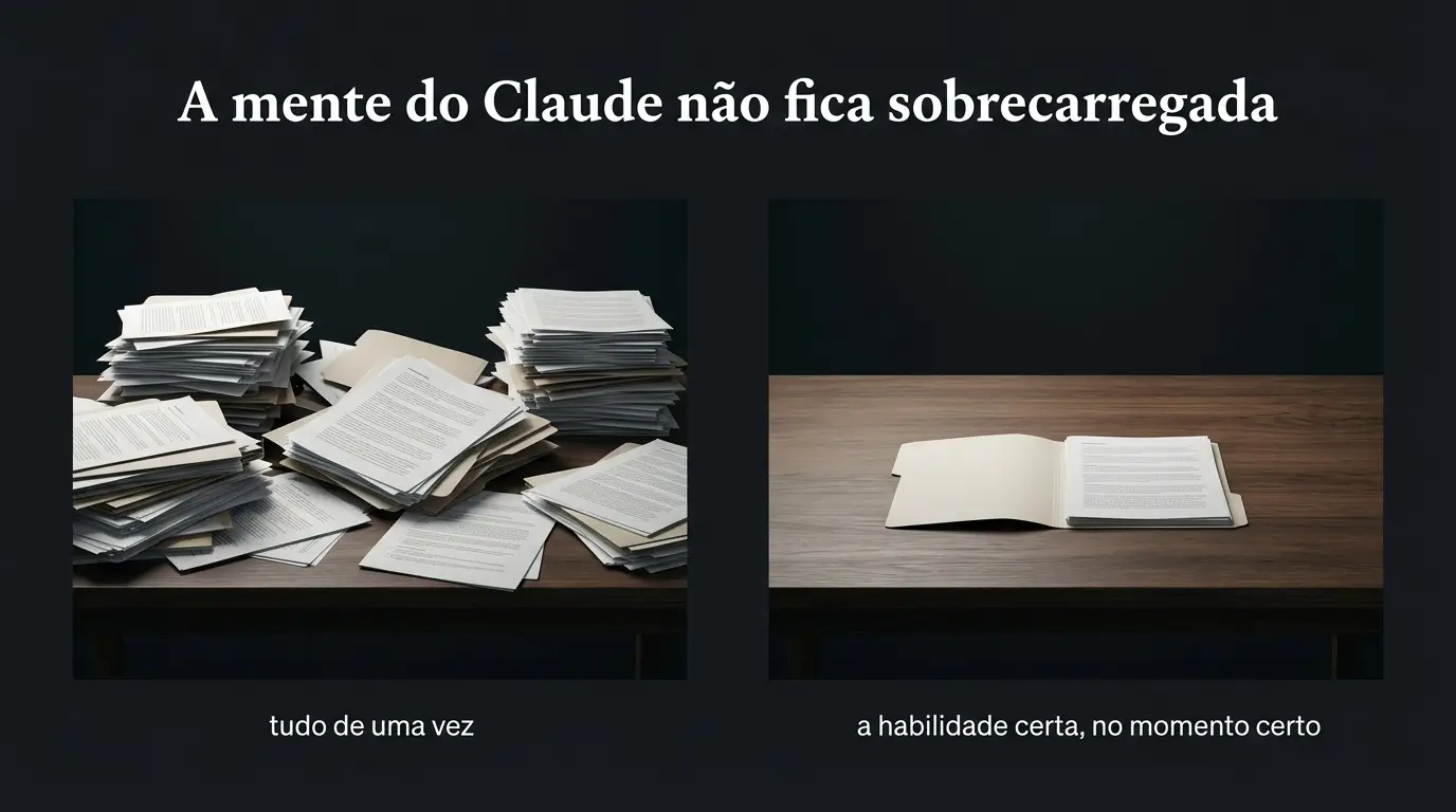 Janela de contexto do Claude representada como uma mesa de trabalho organizada, ilustrando como as Skills evitam sobrecarga de informação