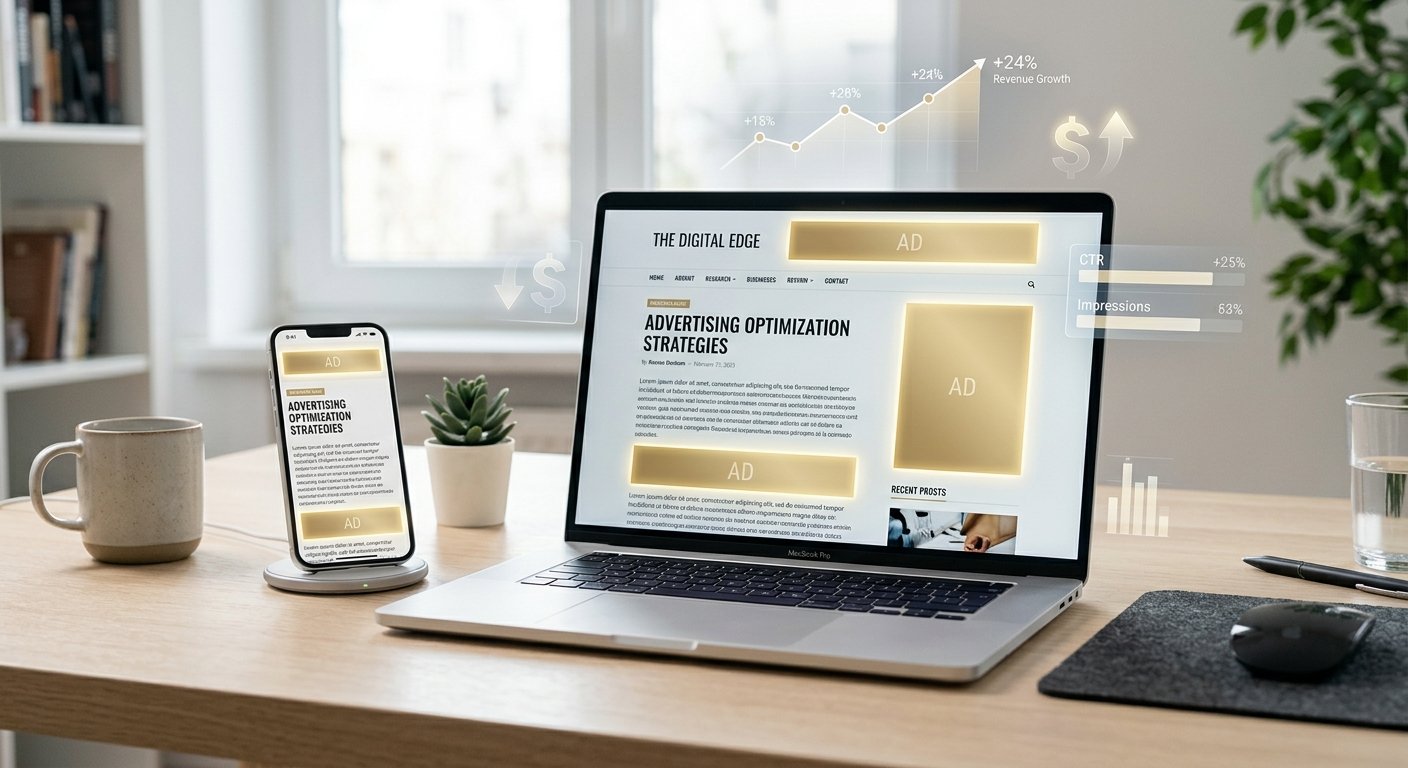 An editorial-style photograph of a modern, minimalist digital workspace featuring a sleek laptop and a high-end smartphone on a clean white desk. The laptop screen displays a professionally designed blog layout where strategic rectangular sections—in the sidebar, header, and within the article text—are highlighted with a sophisticated, soft golden glow to represent optimized ad placements. The smartphone shows a perfectly adapted responsive version of the same website. In the air around the devices, subtle and translucent holographic data visualizations, such as upward-trending line graphs and shimmering currency symbols, suggest financial growth and high performance. The image has a bright, airy aesthetic with professional lighting and a shallow depth of field.