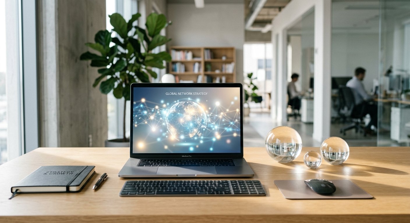 An editorial-style photograph of a modern, minimalist workspace designed for a digital entrepreneur. A sleek, high-end laptop sits on a clean white desk, its screen displaying a vibrant, abstract visualization of a global digital network and interconnected nodes glowing with soft blue and gold light. Beside the laptop, three polished, translucent glass spheres of different sizes are arranged neatly, catching the morning sunlight to symbolize clarity and strategic choice. The background is a soft-focus, professional office setting with a small green plant, suggesting growth and reliability. The lighting is bright and airy, creating an atmosphere of speed, credibility, and high-tech efficiency. The composition uses a shallow depth of field to focus on the laptop and the glass spheres, representing the deliberate selection of a successful digital path.