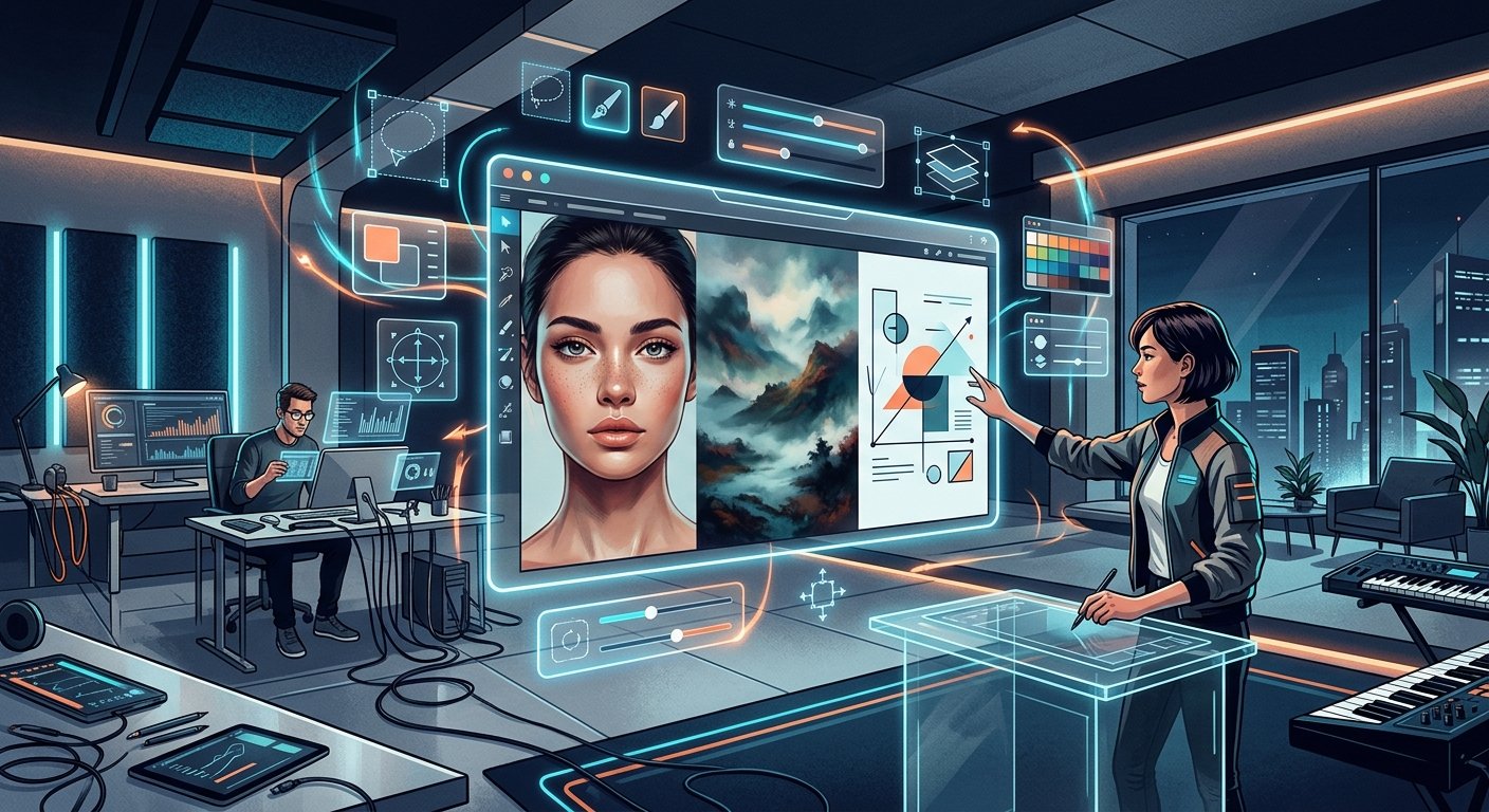 Designer interage com interface holográfica em estúdio futurista com ferramentas de edição de imagem e arte digital