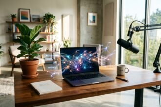 Notebook com gráfico de rede digital na tela, microfone profissional e plantas em um escritório iluminado