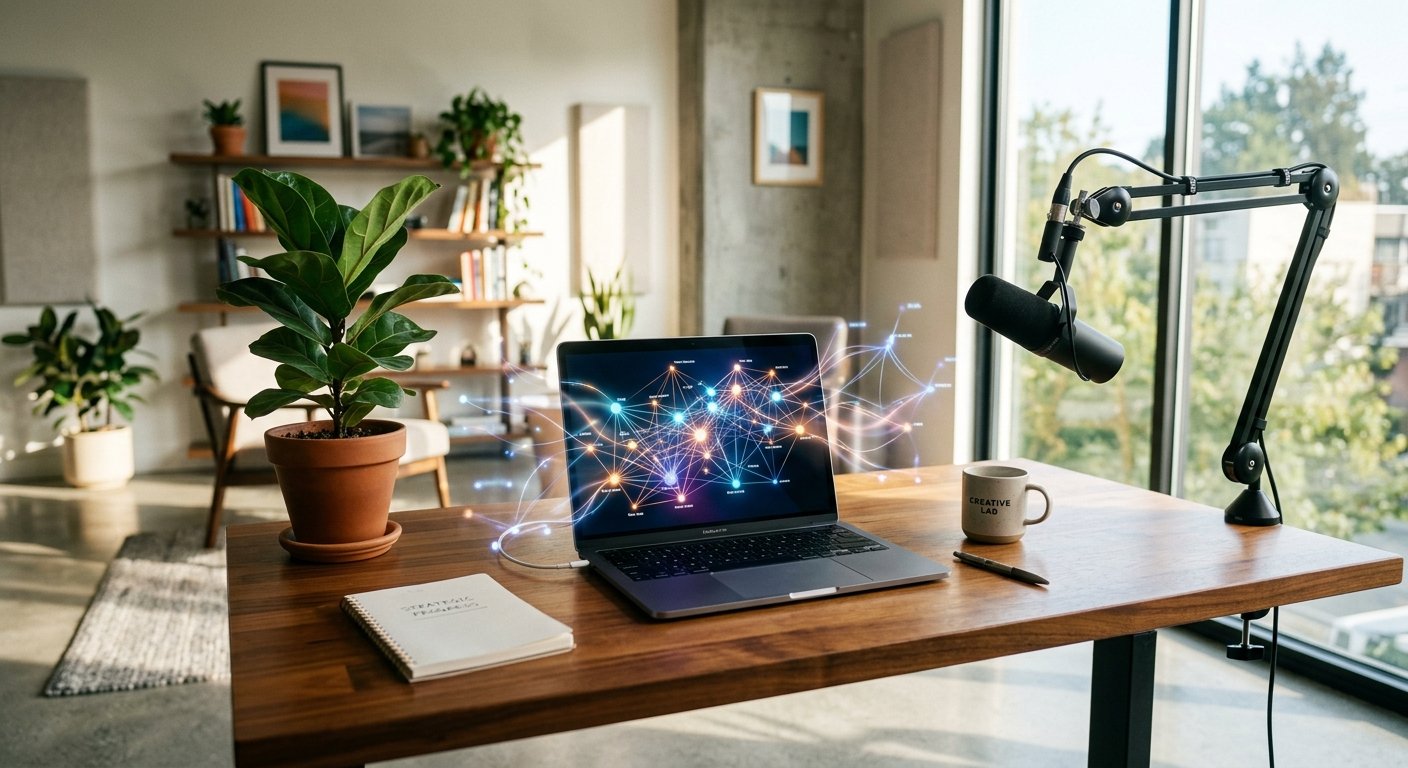Notebook com gráfico de rede digital na tela, microfone profissional e plantas em um escritório iluminado