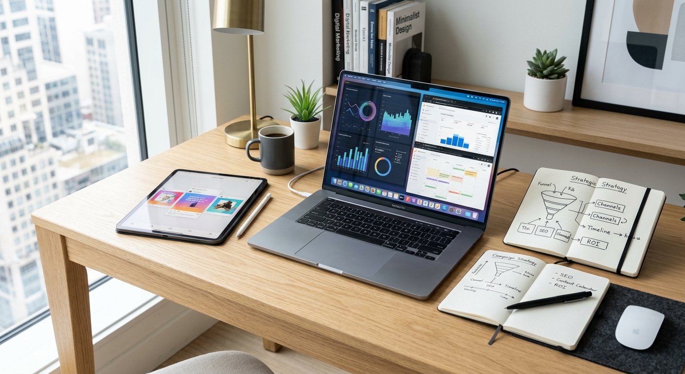 Notebook com gráficos de dados, tablet e cadernos com anotações estratégicas em uma mesa de madeira próxima à janela