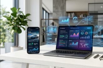 Notebook e smartphone exibindo painéis de análise de dados com gráficos e hologramas de métricas de desempenho