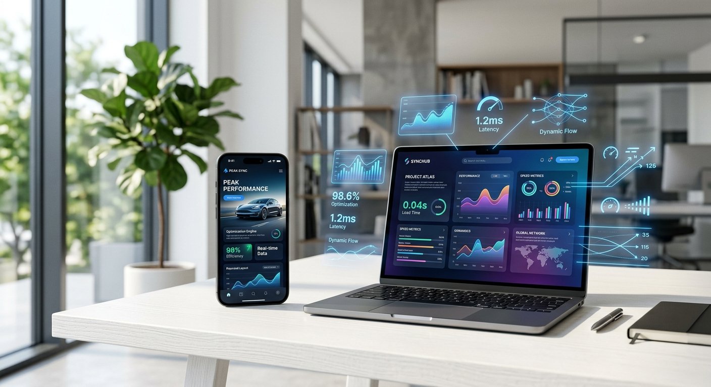 Notebook e smartphone exibindo painéis de análise de dados com gráficos e hologramas de métricas de desempenho