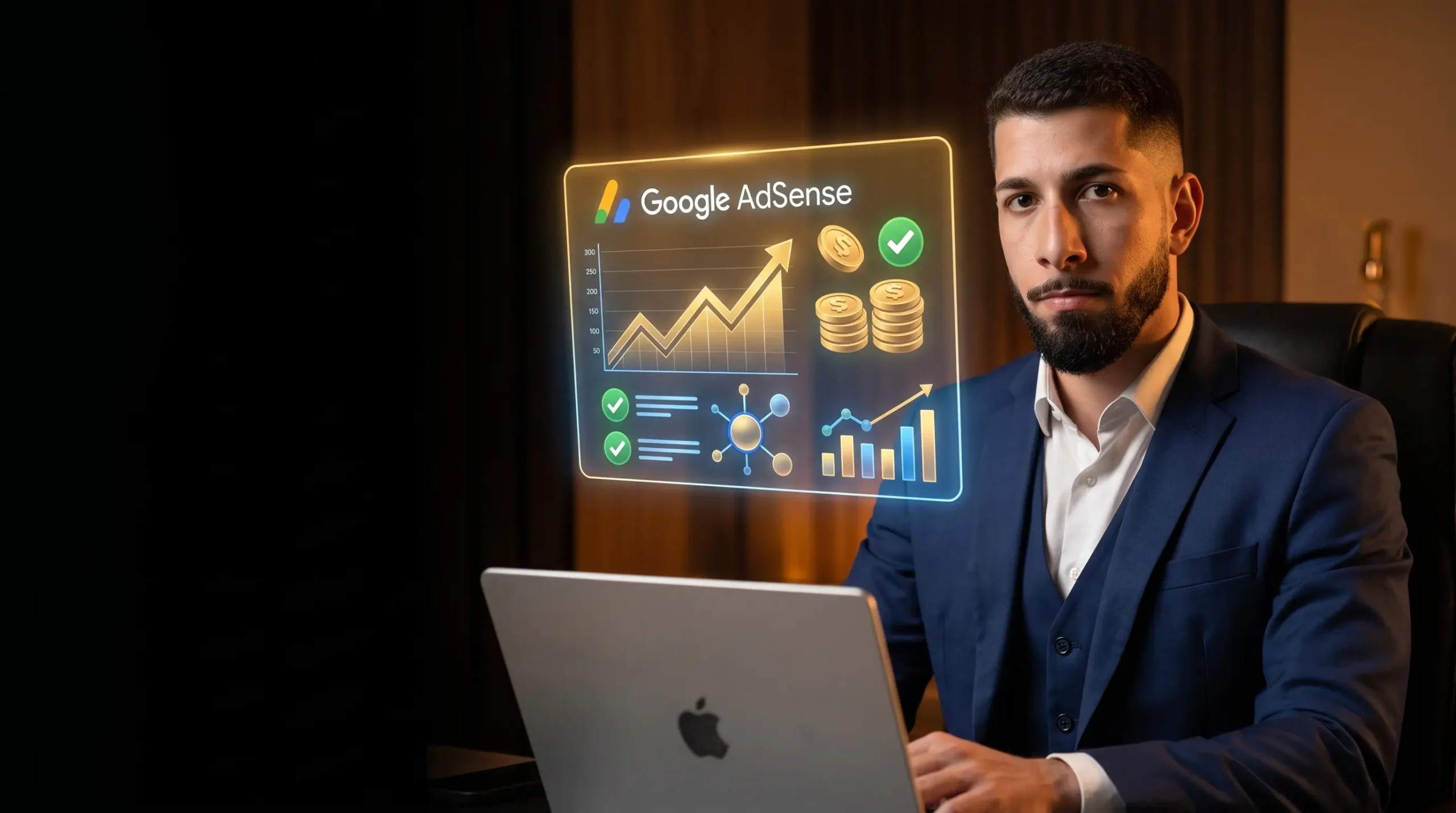 Guilherme Emanuel de terno analisando o painel de ganhos de um site aprovado no Google AdSense