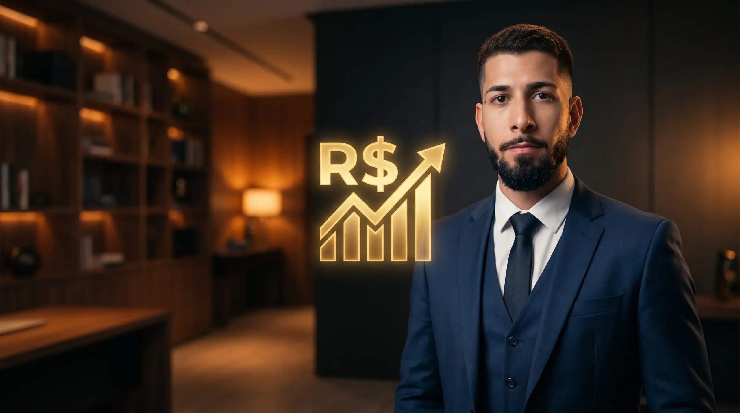 Guilherme Emanuel, mentor especialista em Google AdSense, de terno, em escritório com gráfico de faturamento em reais