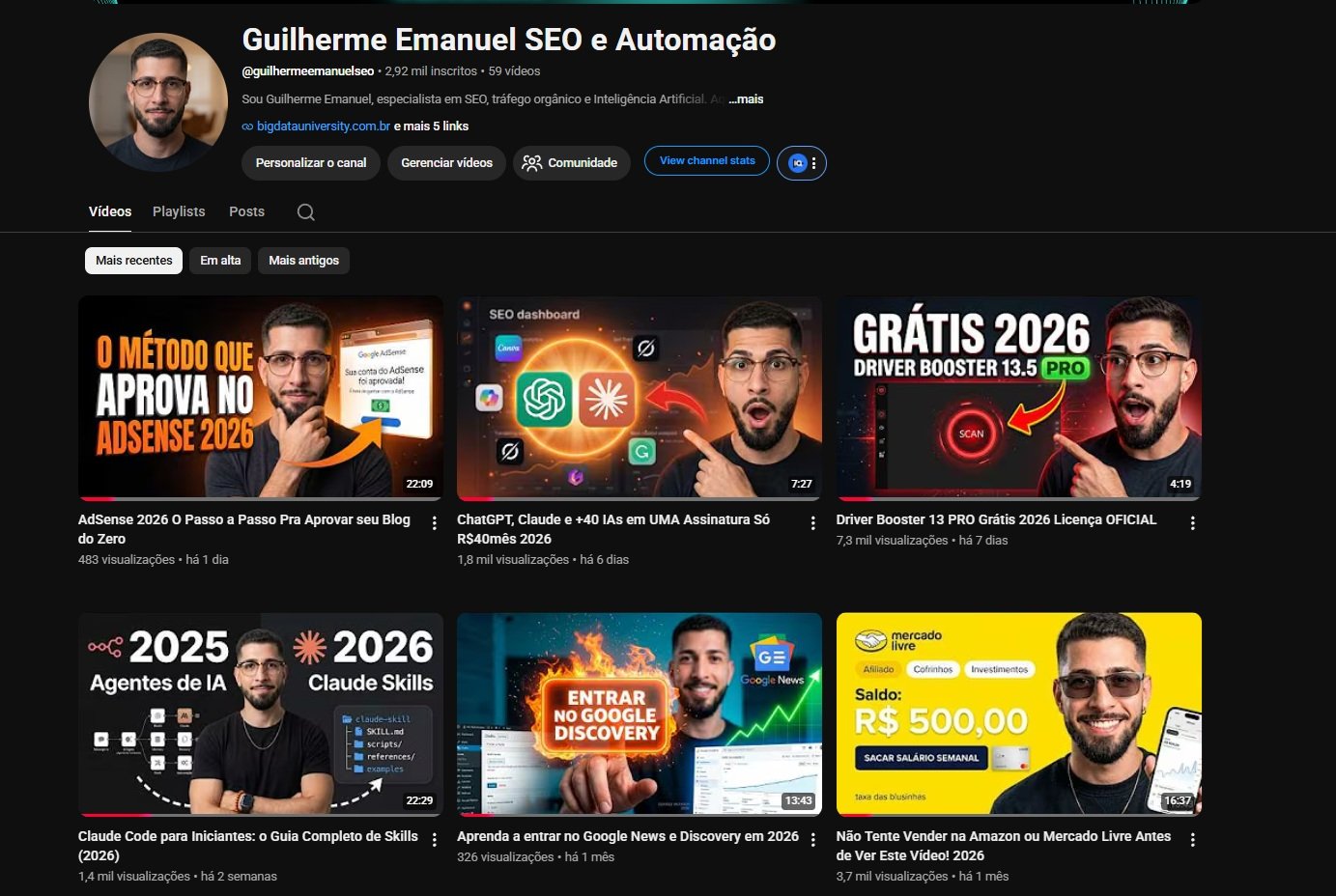 Canal da Escola Algoritmo X no YouTube