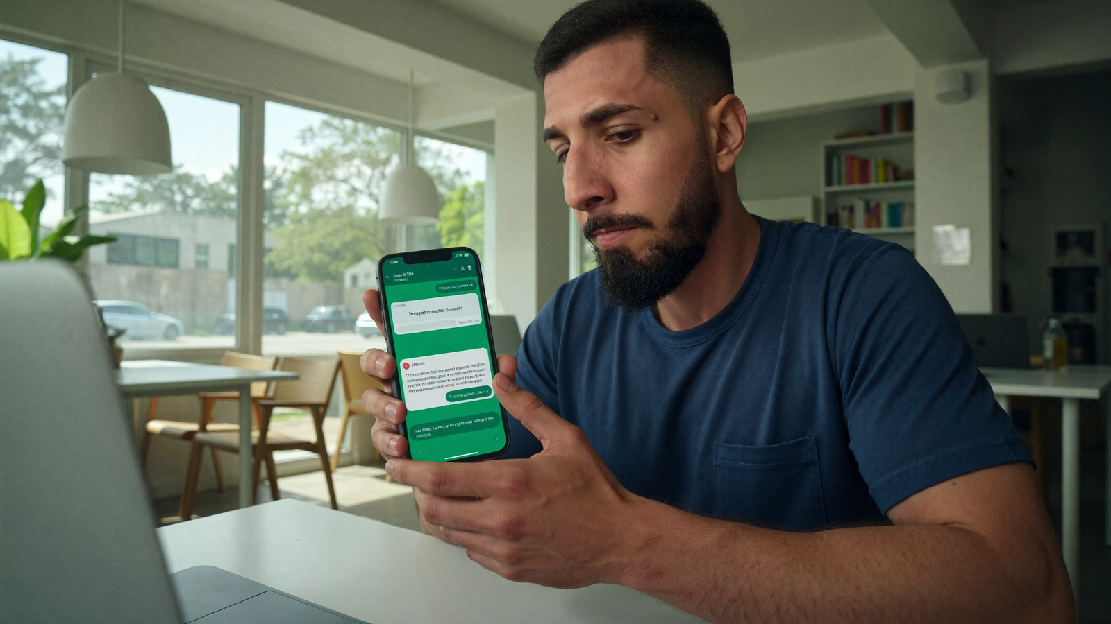 Empresário testando um chatbot de atendimento no WhatsApp pelo celular