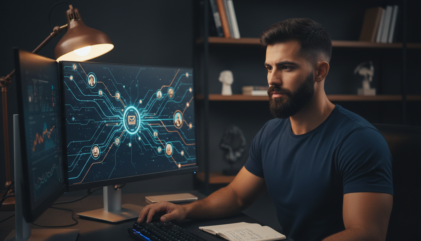 Guilherme Emanuel analisando uma rede de backlinks conquistados em um monitor no home office