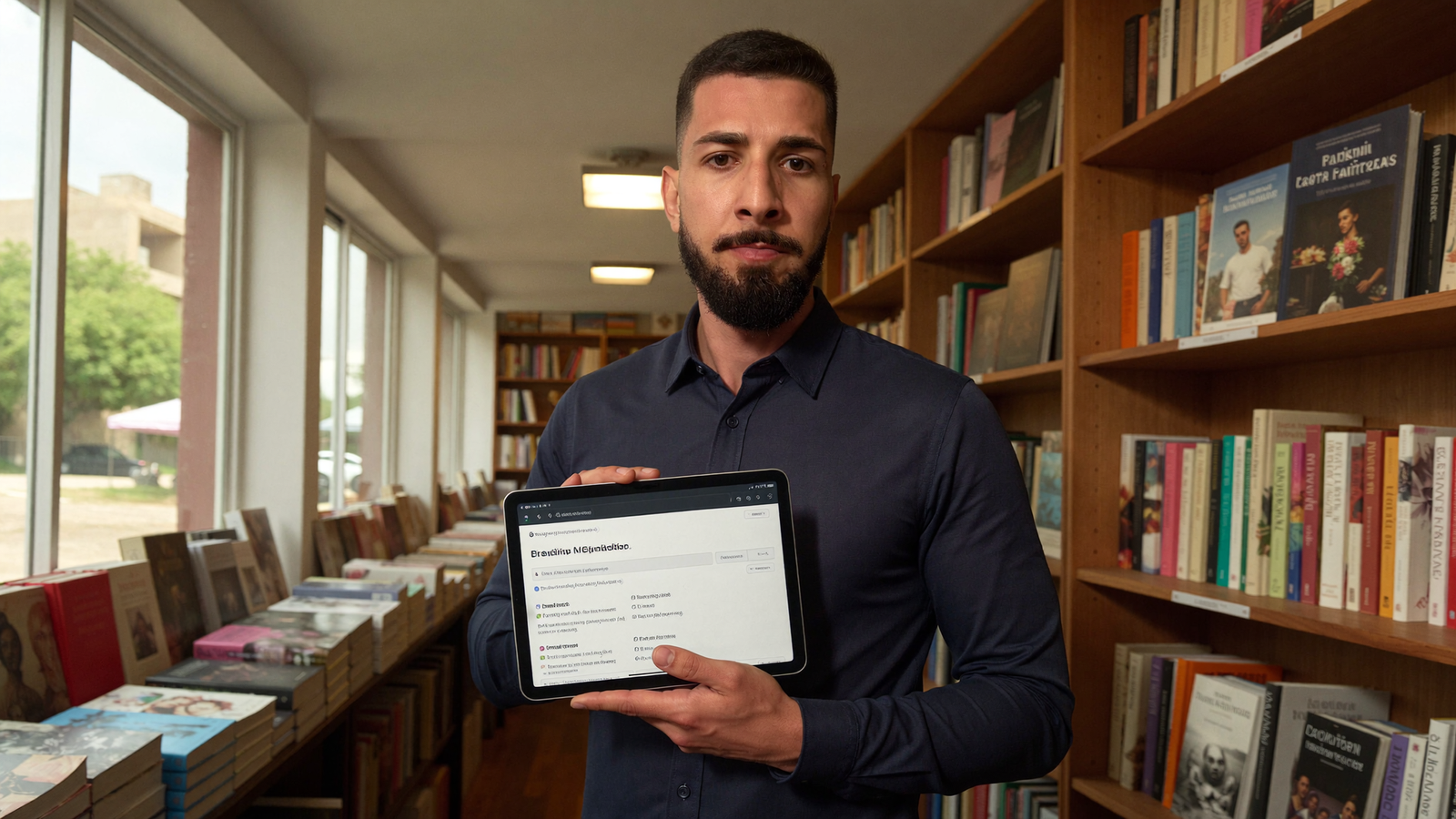Como divulgar um livro: consultor de SEO em livraria mostrando resultados de busca no tablet