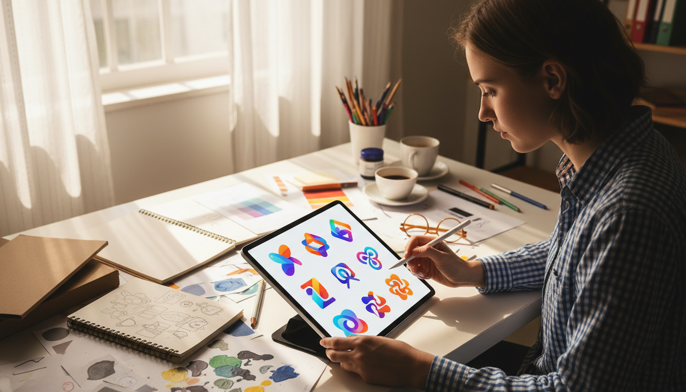 Designer criando logo e thumbnail com inteligência artificial em um tablet