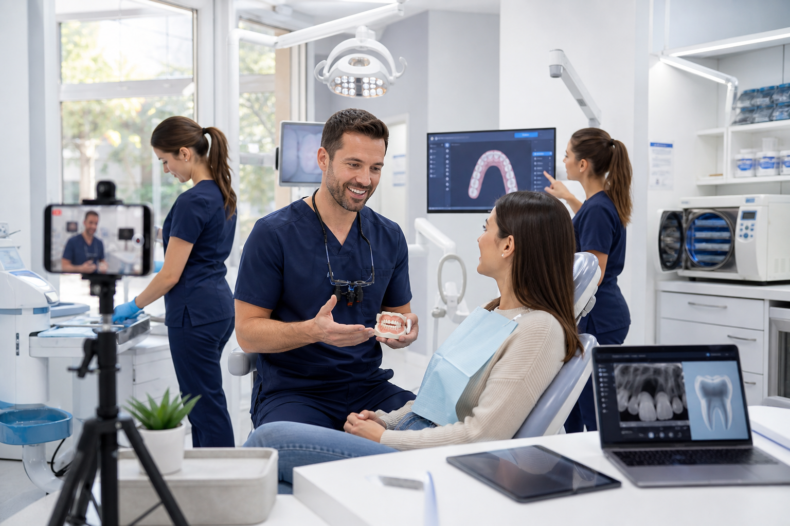 Dentista explicando um modelo de dentes a uma paciente em consultório odontológico moderno