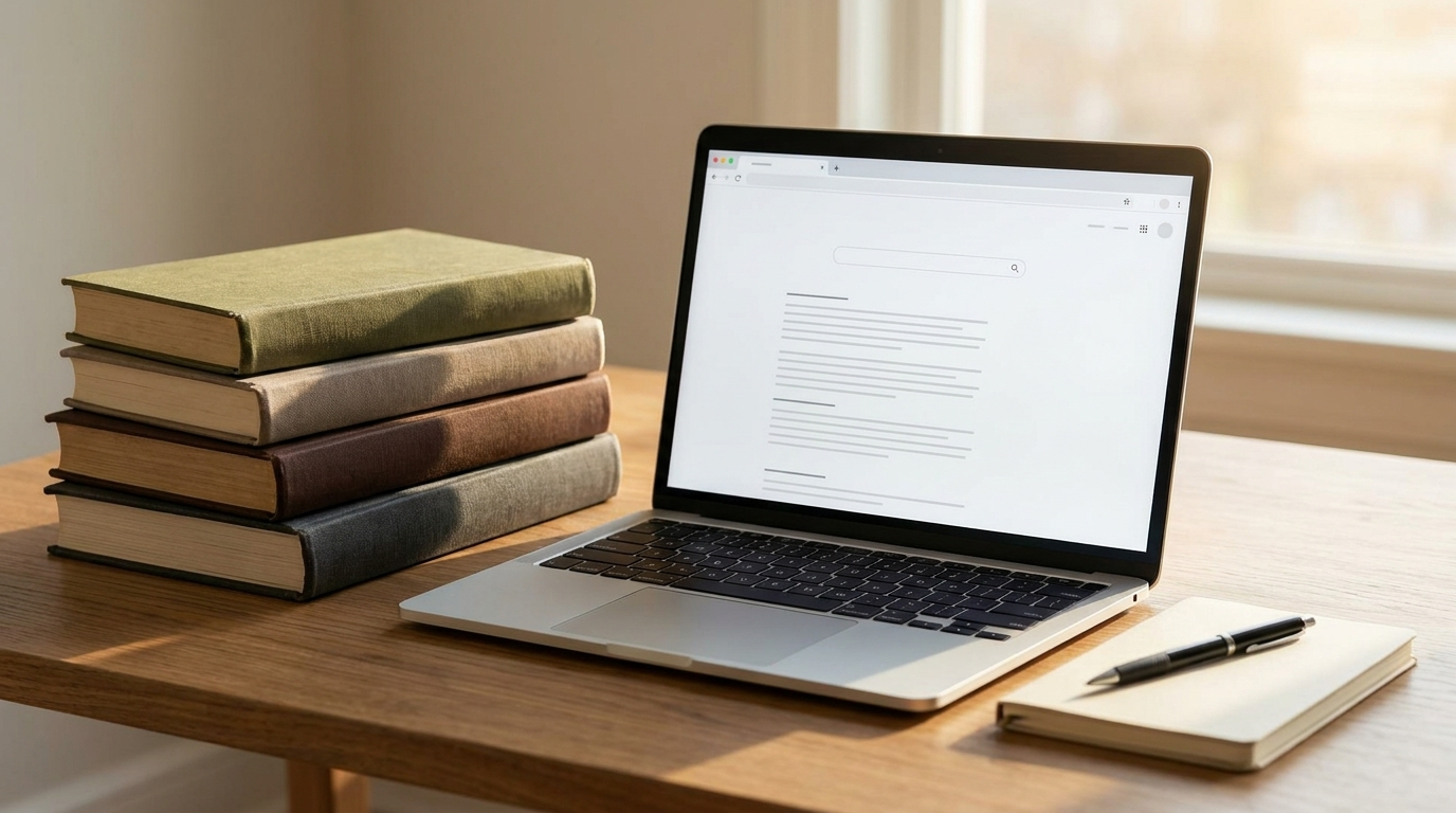 Divulgação de livros: pilha de livros ao lado de notebook com página de resultados de busca
