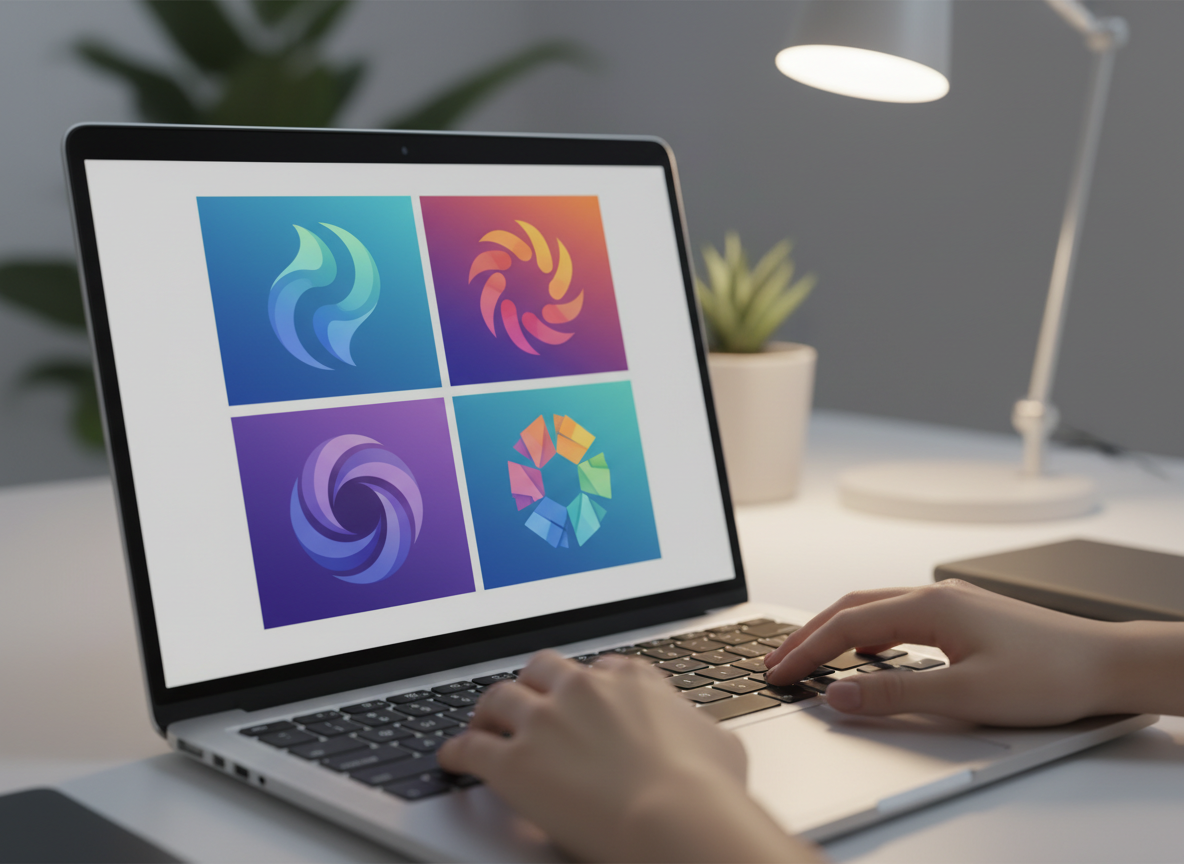 Grade de variações de logo geradas por inteligência artificial na tela de um notebook