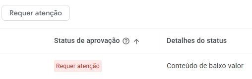 Mensagem do Google AdSense reprovando o site por conteúdo de baixo valor