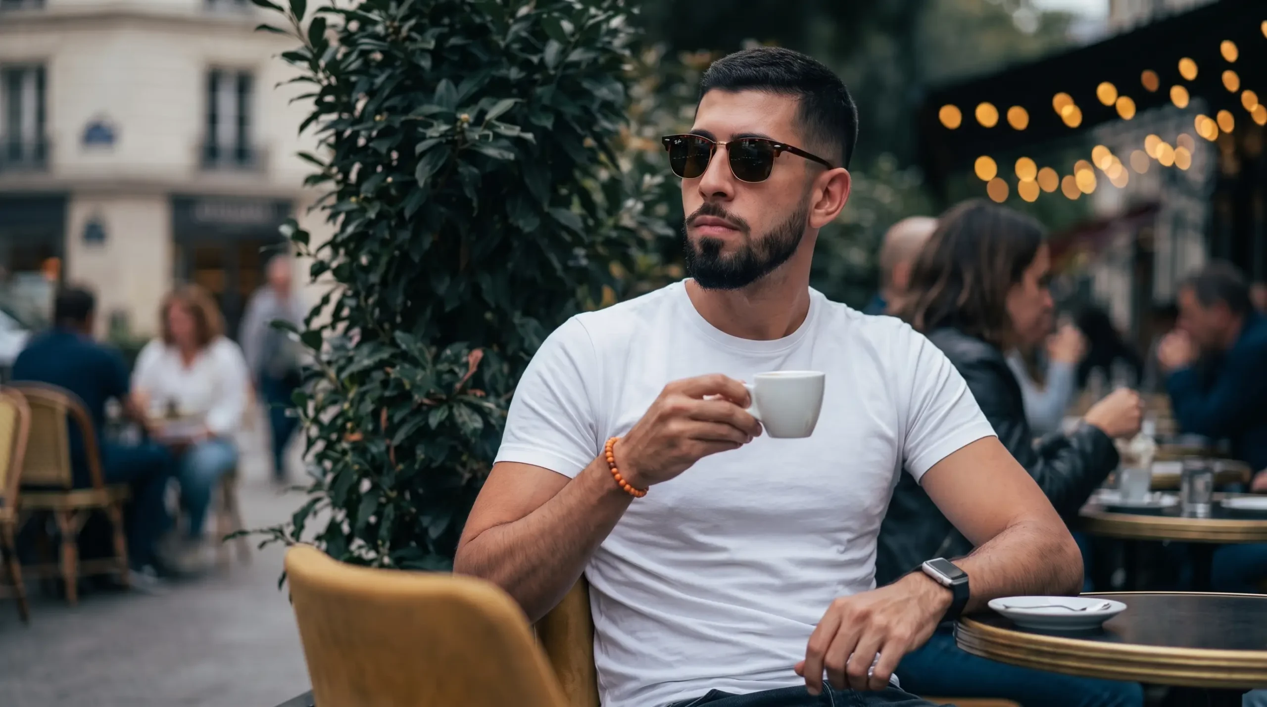 Guilherme Emanuel tomando um café em um bistrô a céu aberto, mentor e especialista em Google AdSense