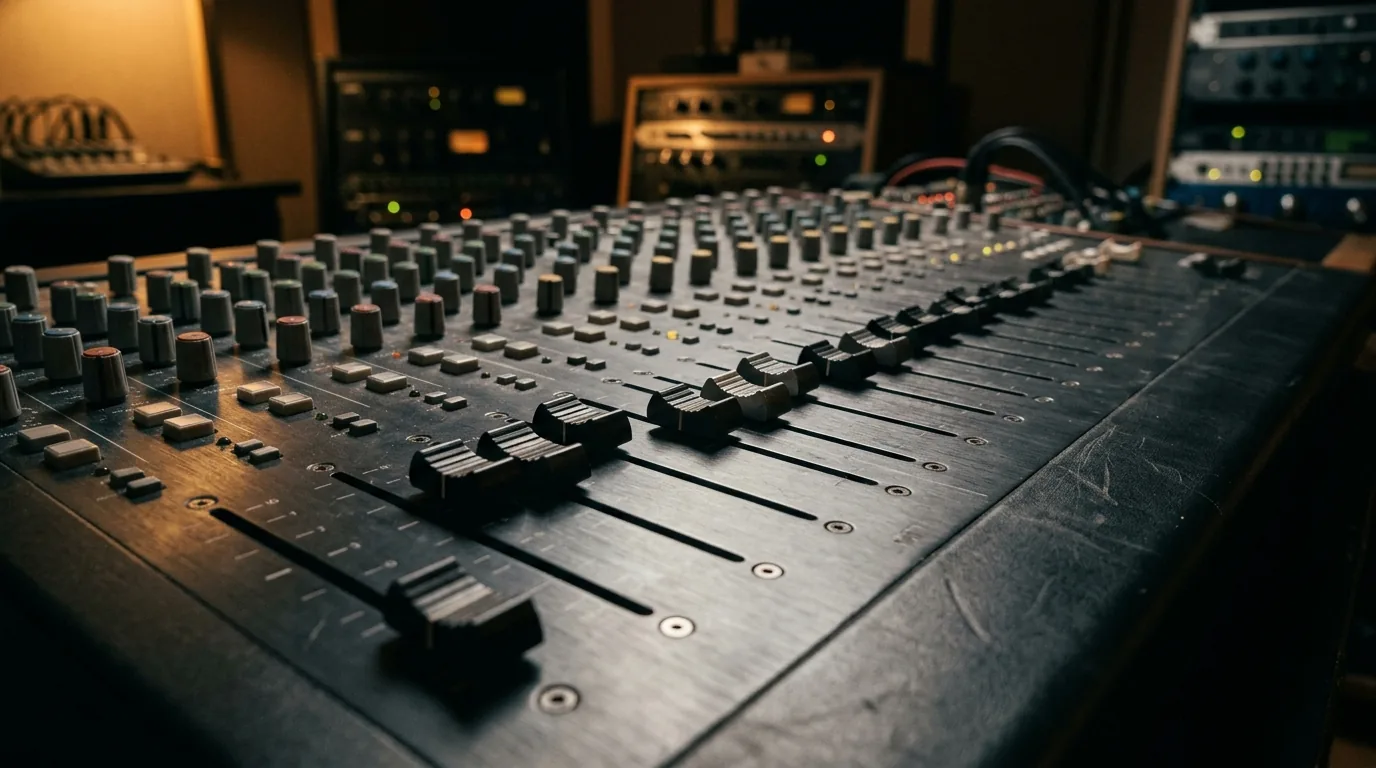 Console de mixagem com faders em alturas diferentes, cada rede de anúncio num nível