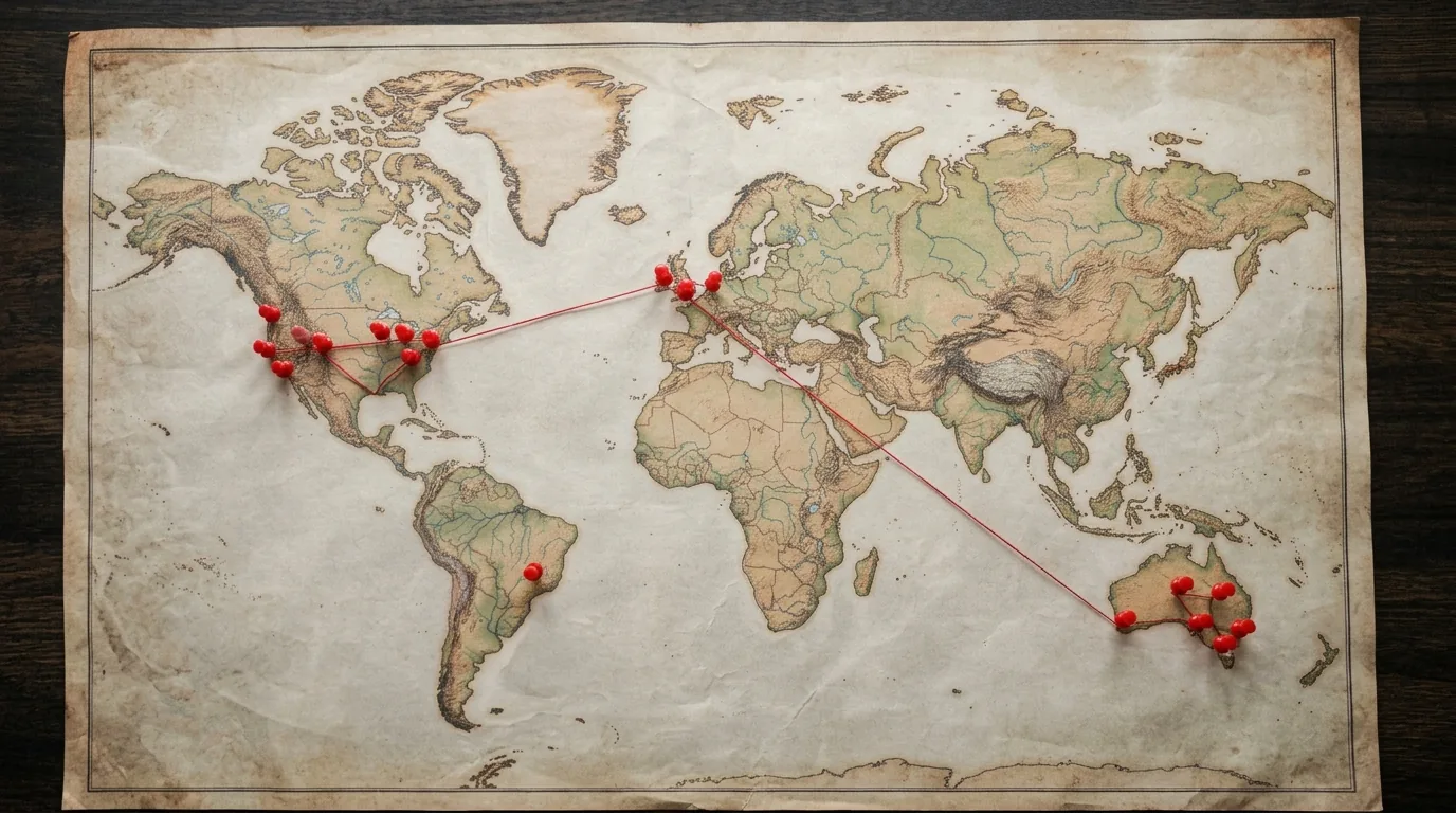 Mapa-múndi com alfinetes vermelhos nos Estados Unidos, Reino Unido e Austrália e um alfinete isolado no Brasil