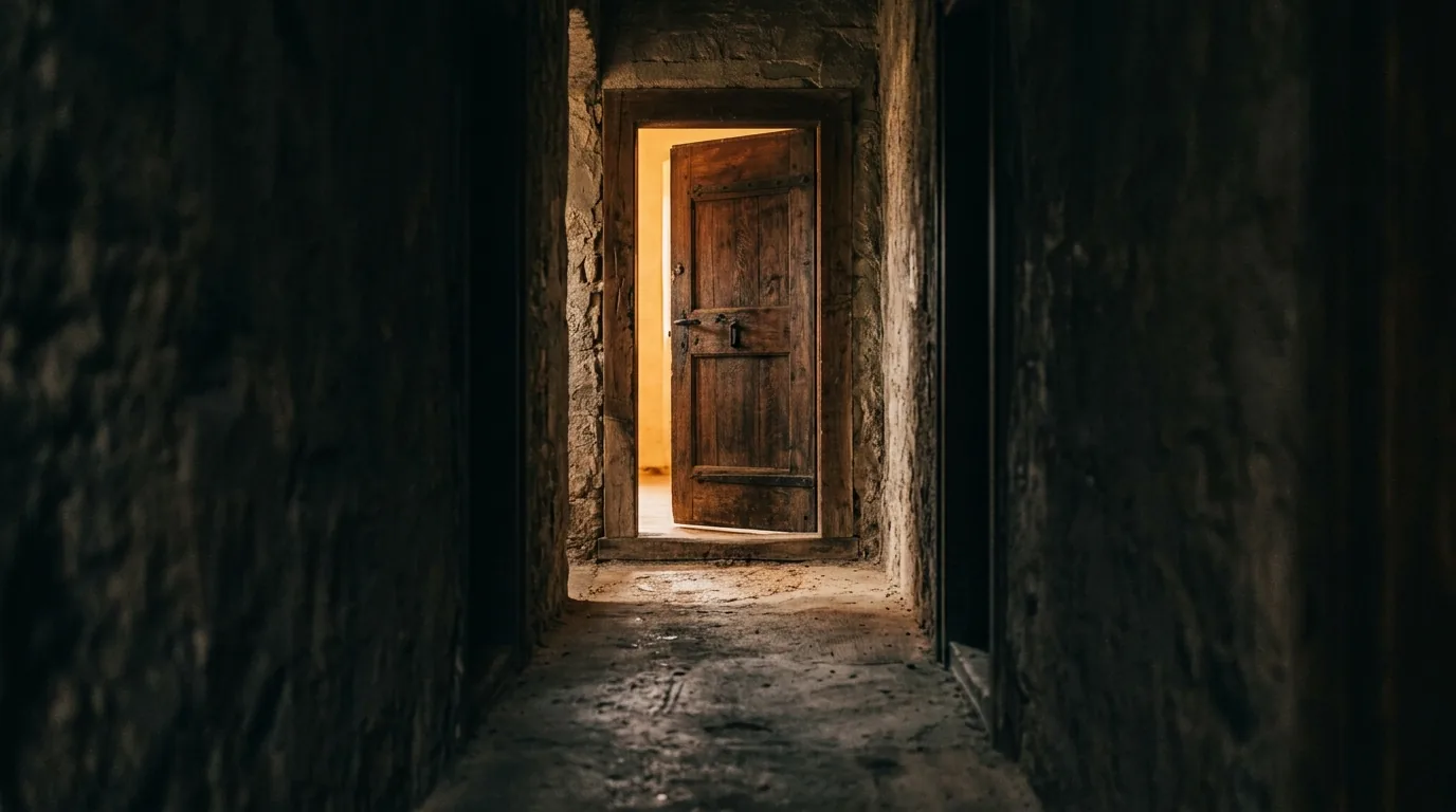 Porta de madeira entreaberta no fim de um corredor escuro com luz quente saindo pela fresta