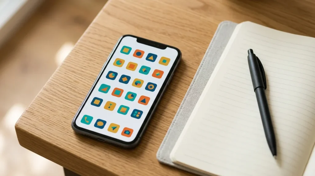 Celular sobre a mesa exibindo uma grade de ícones de aplicativos ao lado de caderno e caneta