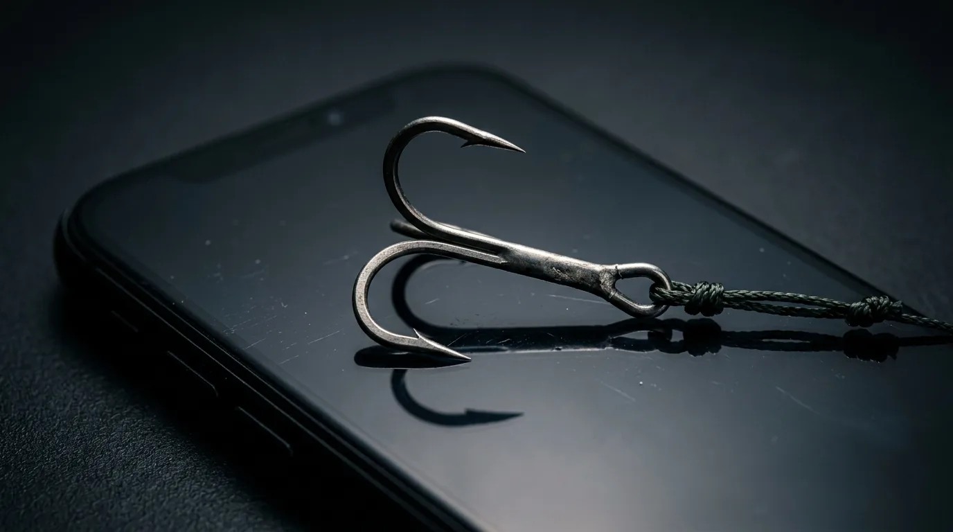 Anzol de metal sobre a tela de um celular representando golpe de aplicativo que promete pagar