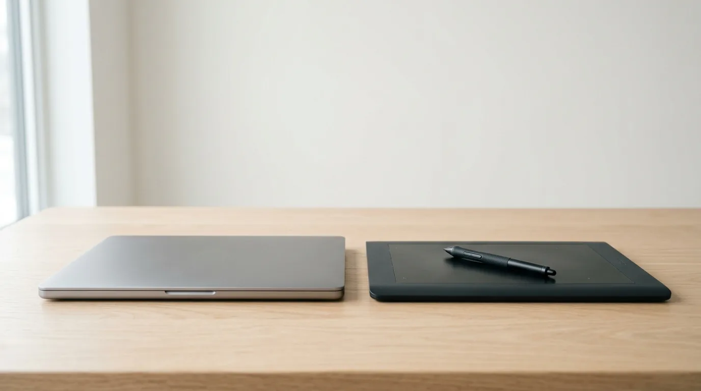 Mesa minimalista com apenas um notebook e uma mesa digitalizadora com caneta