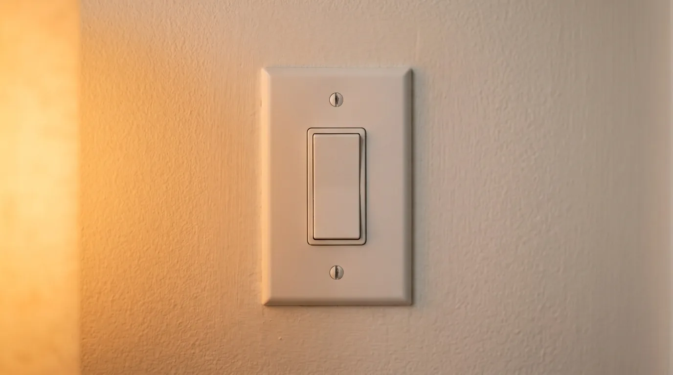 Interruptor de parede ligado com a luz acesa iluminando a parede