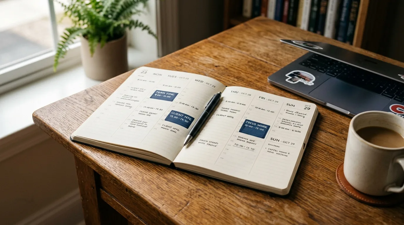 Agenda semanal aberta com encontros de mentoria recorrentes marcados ao lado do notebook