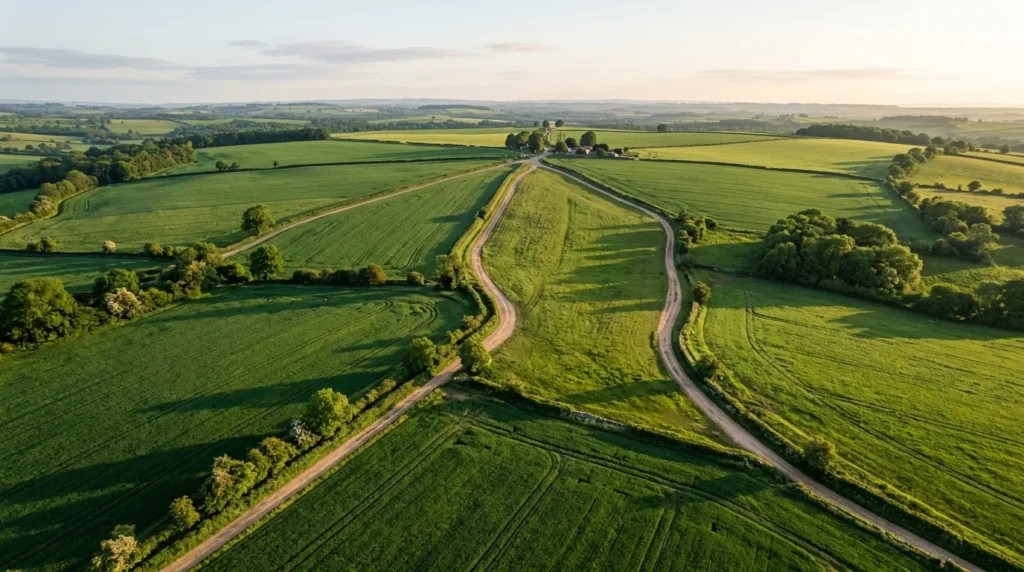 Vista aérea de vários caminhos de terra convergindo para o mesmo ponto no horizonte
