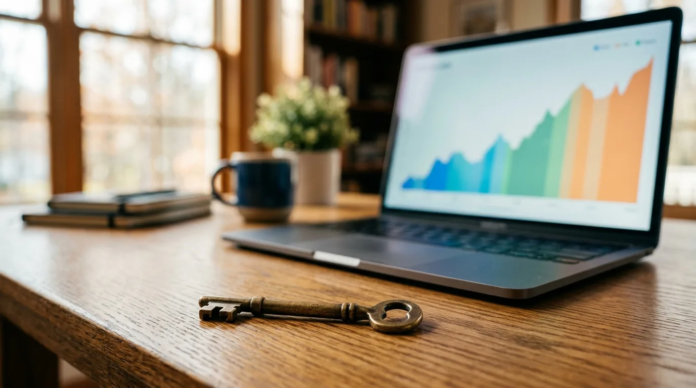 Chave sobre a mesa diante de notebook com grafico de crescimento representando comprar um ativo pronto