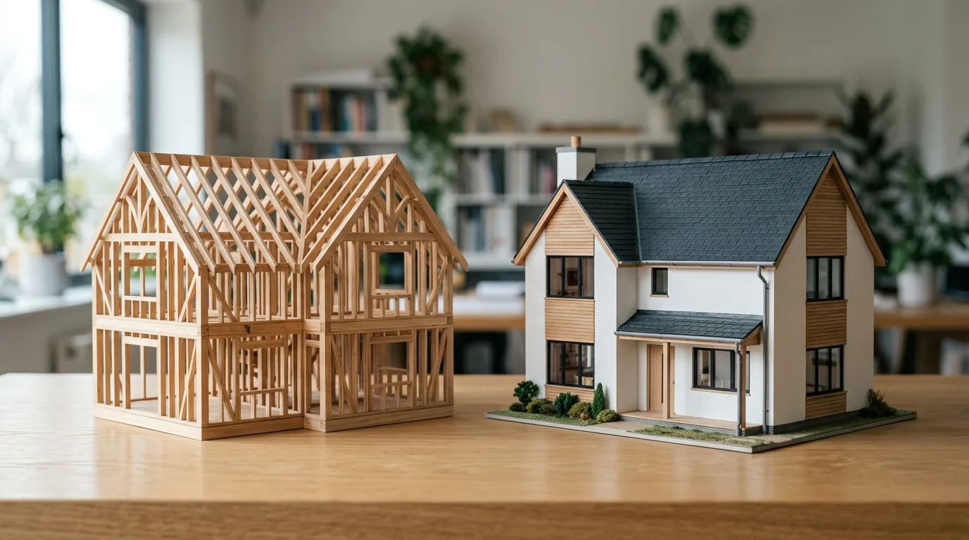 Duas maquetes de casa lado a lado, uma so com a estrutura e outra acabada