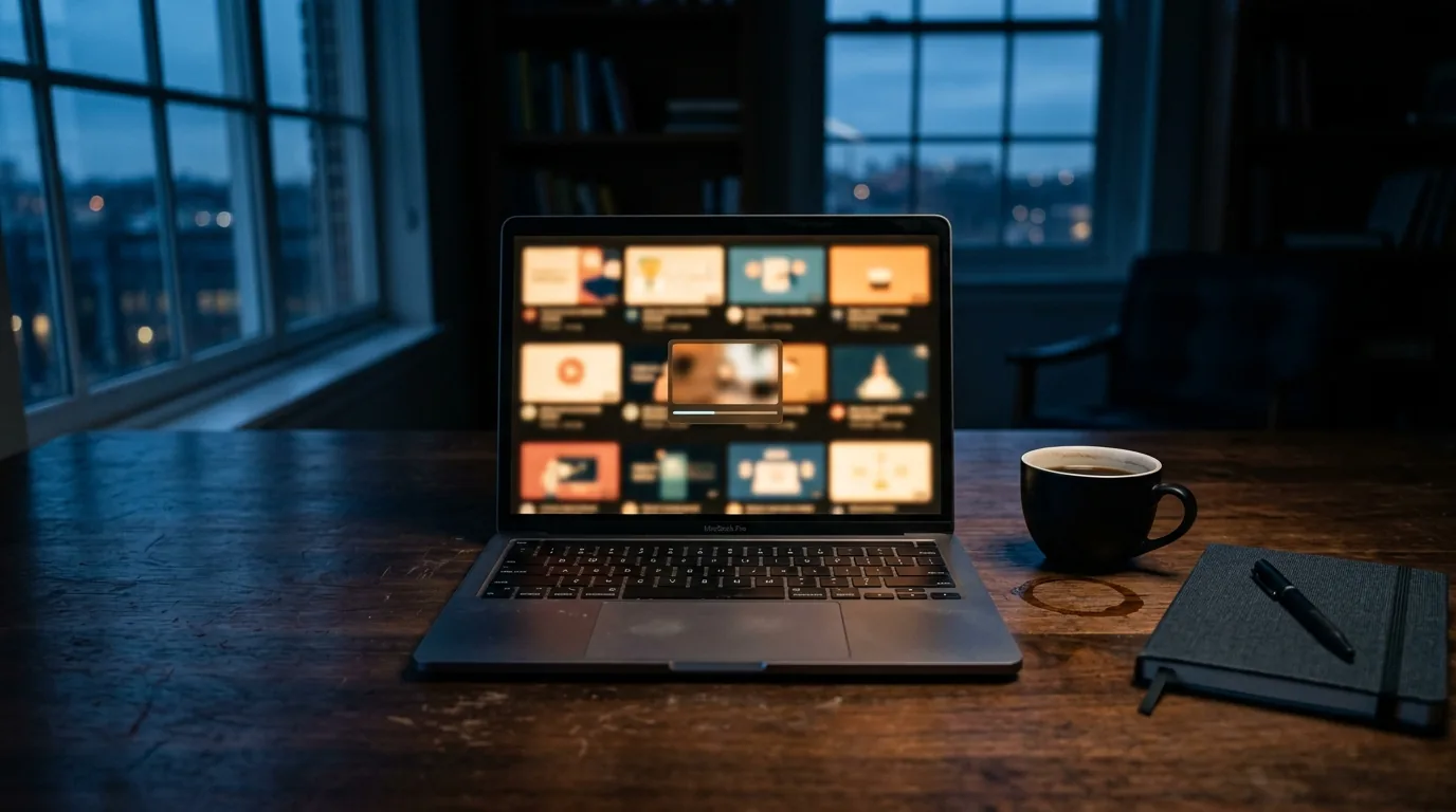 Notebook com curso online em videoaulas nao concluido sobre a mesa ao anoitecer