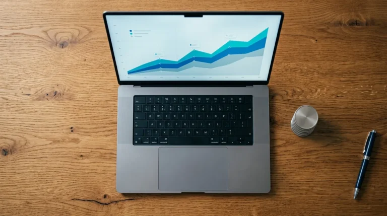 Notebook visto de cima com gráfico de crescimento e pilha de moedas ao lado do teclado