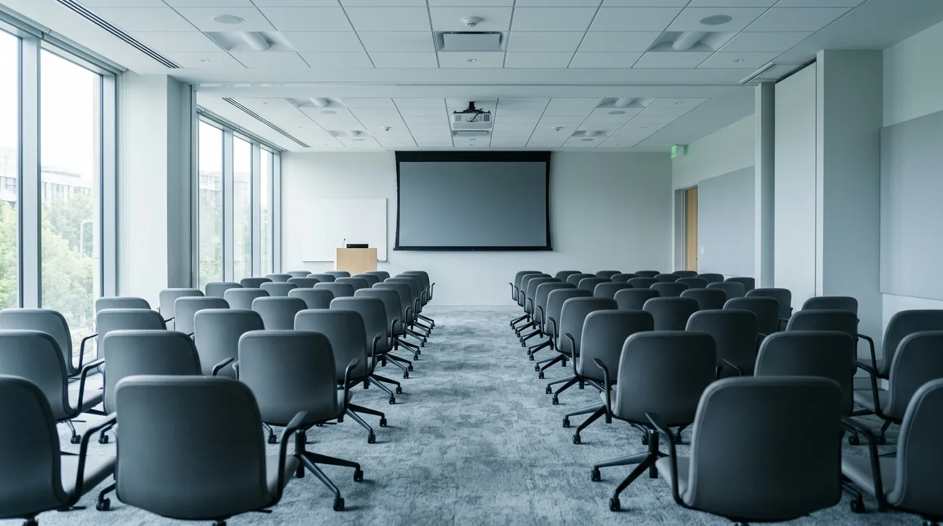 Fileiras de cadeiras vazias voltadas para uma tela em sala de treinamento em grupo
