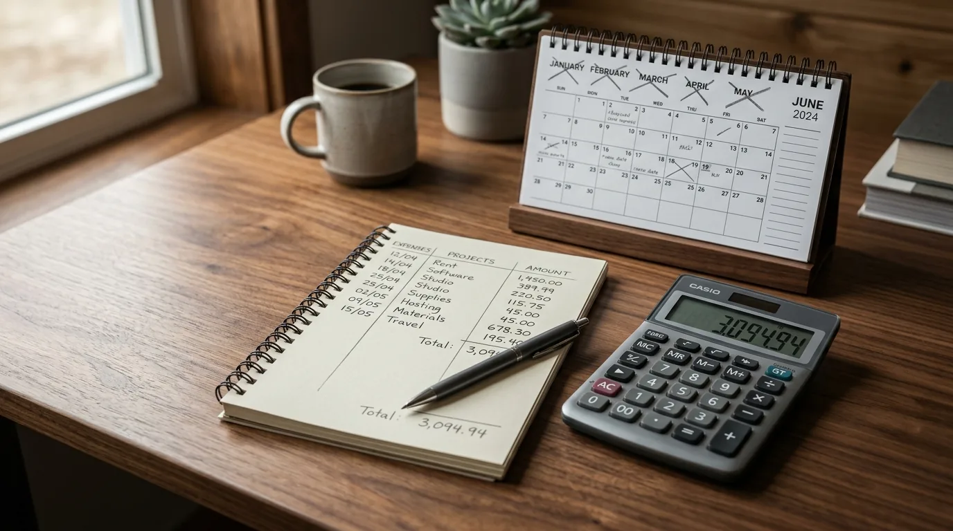 Calculadora caderno com valores e calendario de mesa para calcular o custo do tempo parado
