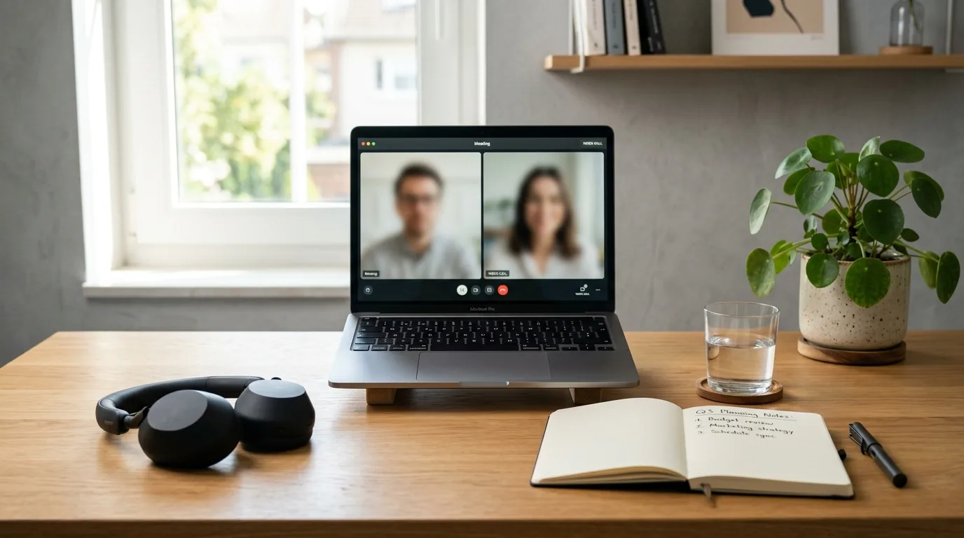 Mesa de home office com notebook em videochamada de mentoria online e fone de ouvido