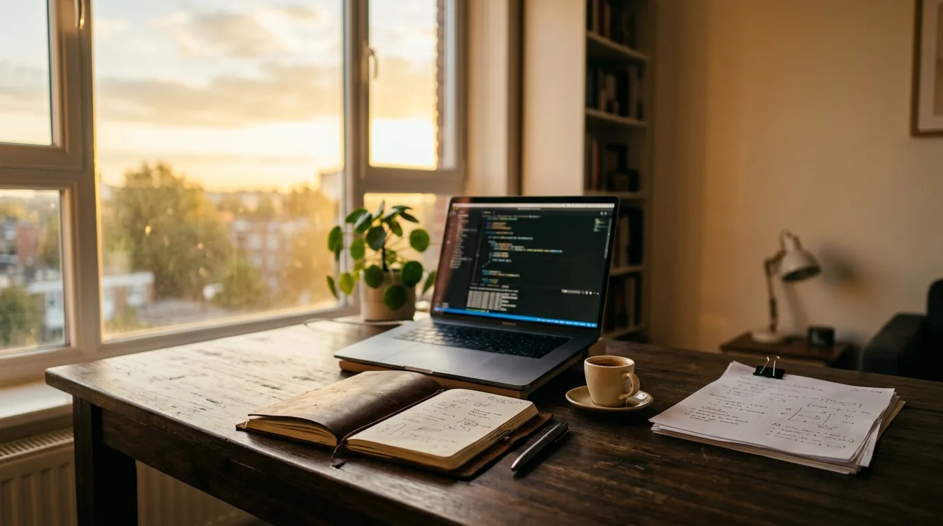 Mesa de trabalho de empreendedor ao amanhecer com notebook caderno e cafe