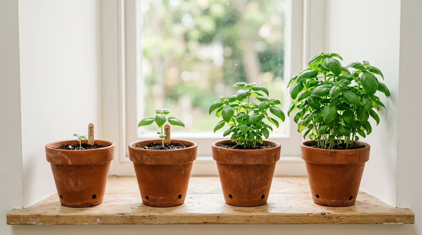 Quatro vasos com a mesma planta em estagios diferentes representando as fases do negocio