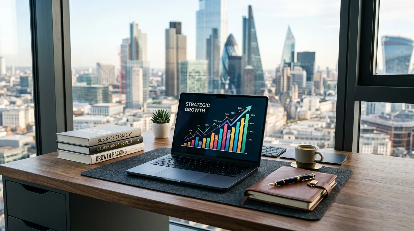 Mesa de escritorio com notebook exibindo grafico de crescimento e livros de negocios