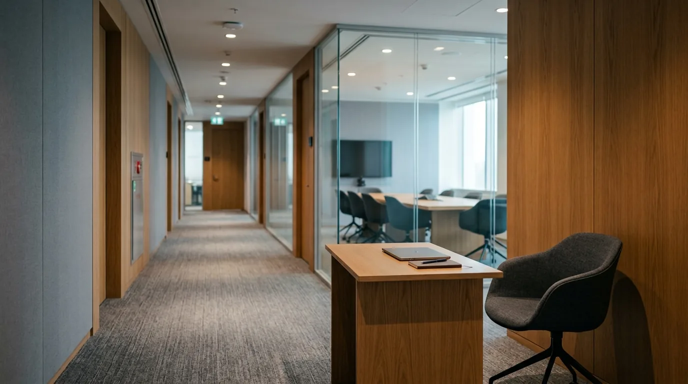 Corredor de escritorio corporativo com sala de reuniao de vidro ao fundo