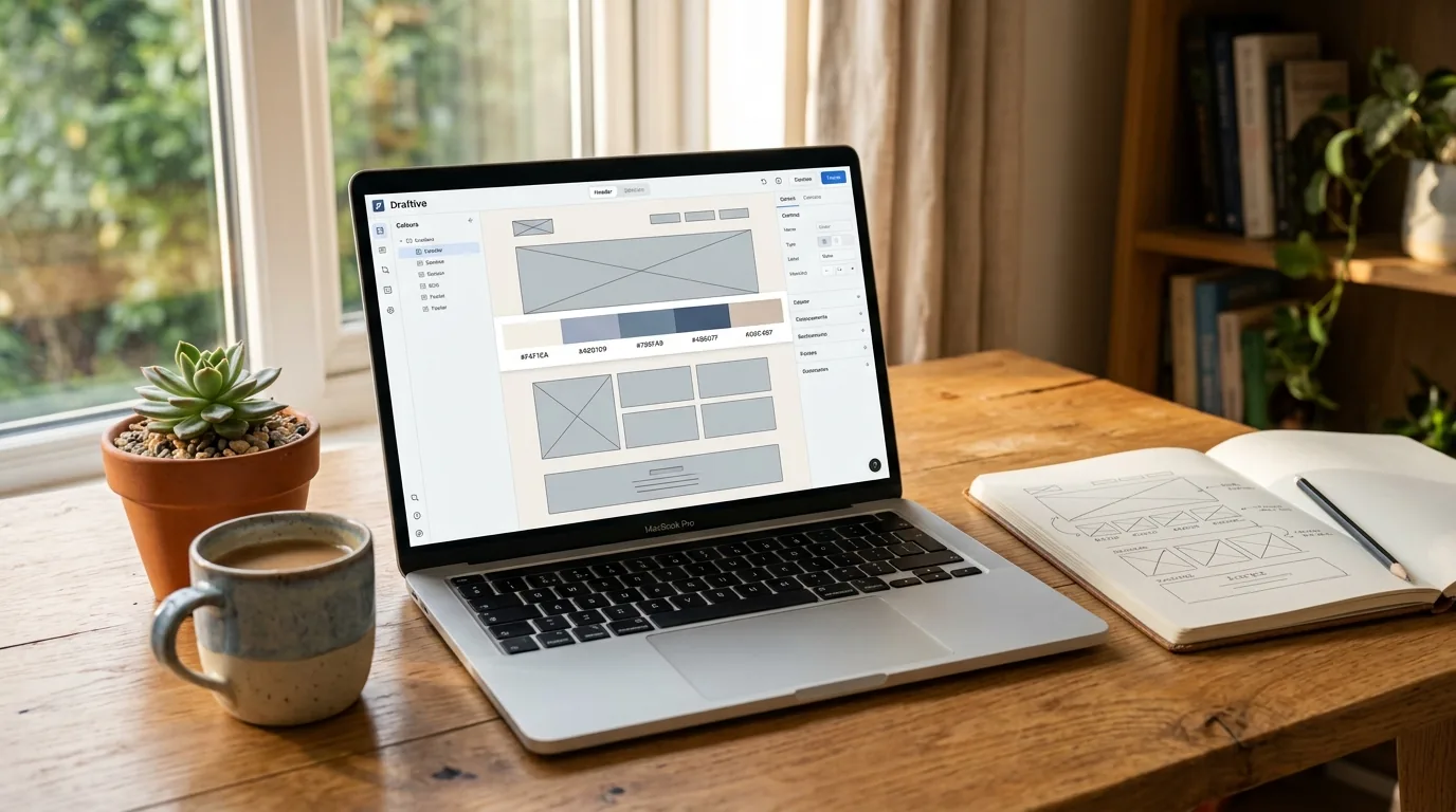 Notebook com editor de site aberto ao lado de caderno com rascunho do layout