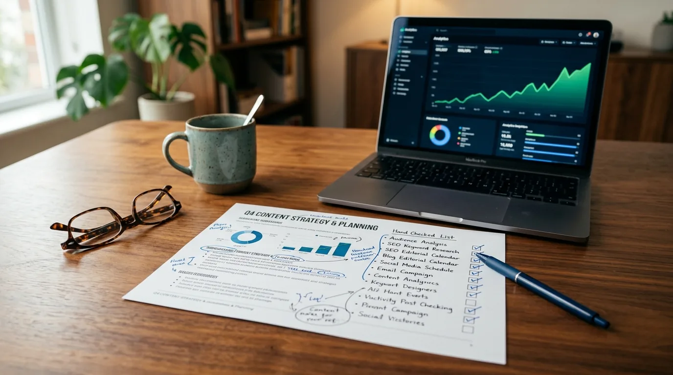Plano de estrategia de conteudo impresso e anotado ao lado de notebook com painel de metricas