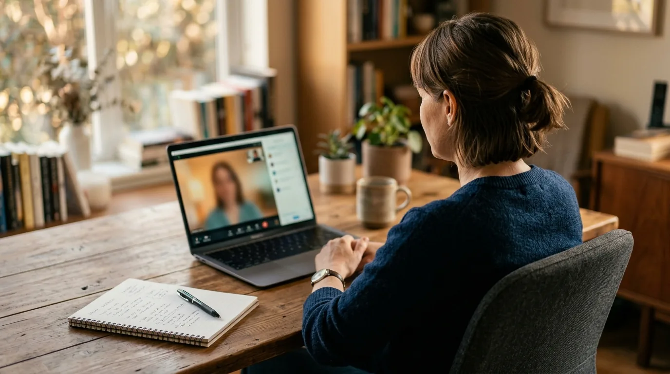 Pessoa em sessao de mentoria online pelo notebook com caderno de anotacoes ao lado