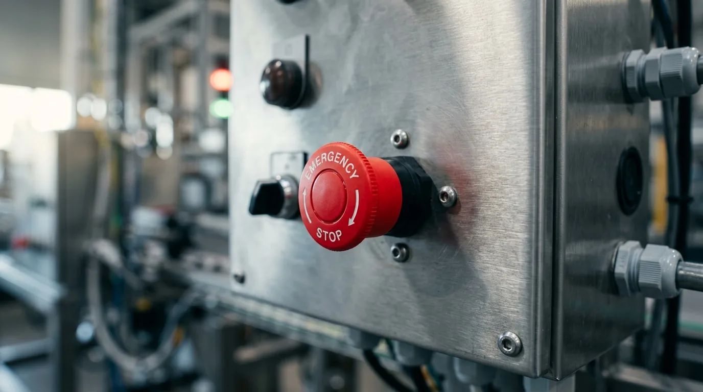 Botao vermelho de parada de emergencia em painel de controle industrial