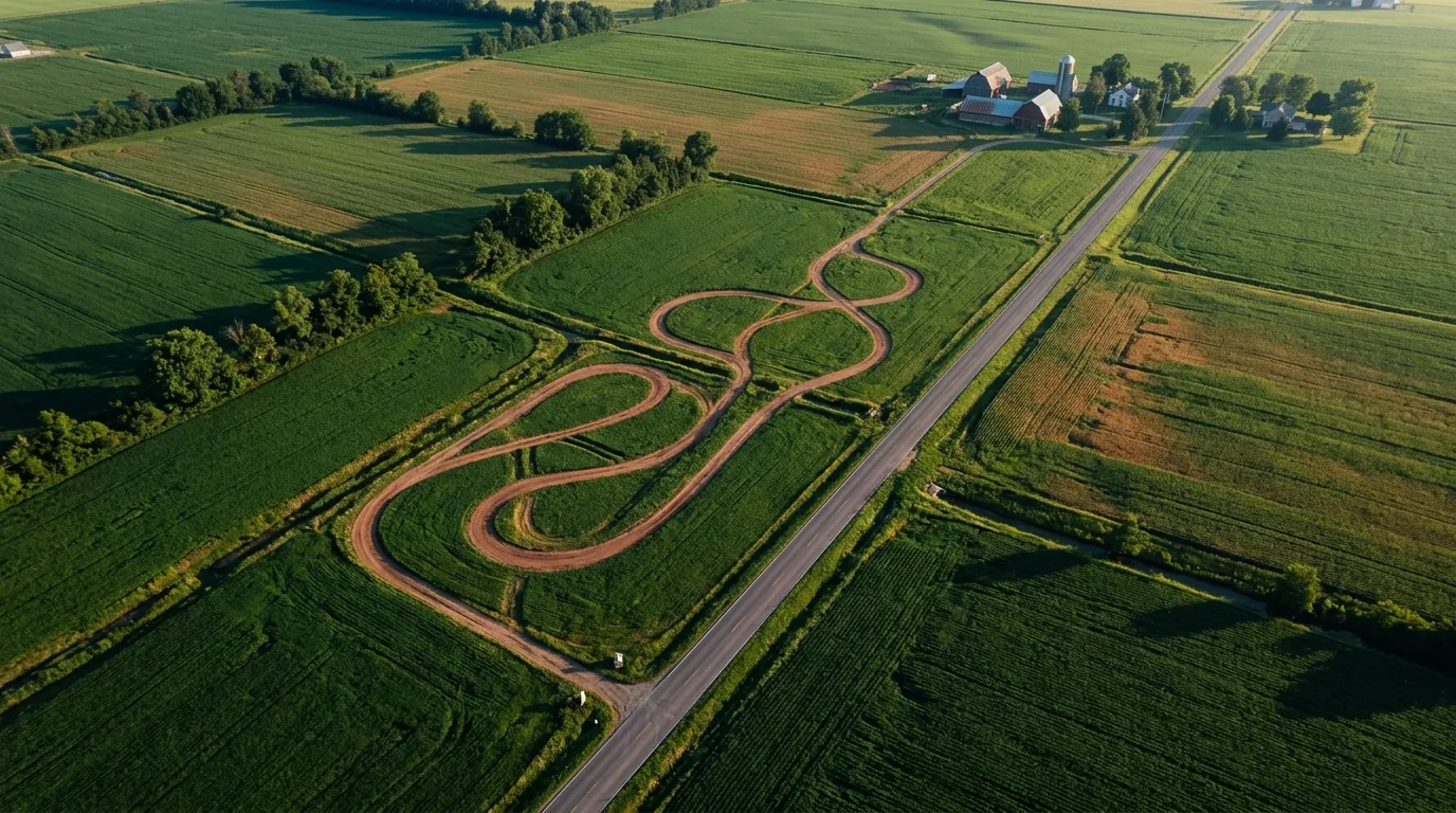 Vista aerea de uma trilha de terra sinuosa ao lado de uma estrada reta no mesmo campo