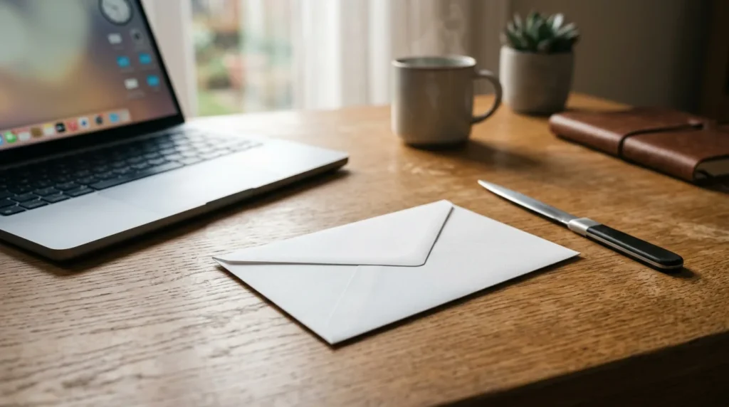 Envelope de carta lacrado sobre a mesa ao lado do notebook e do abridor de cartas