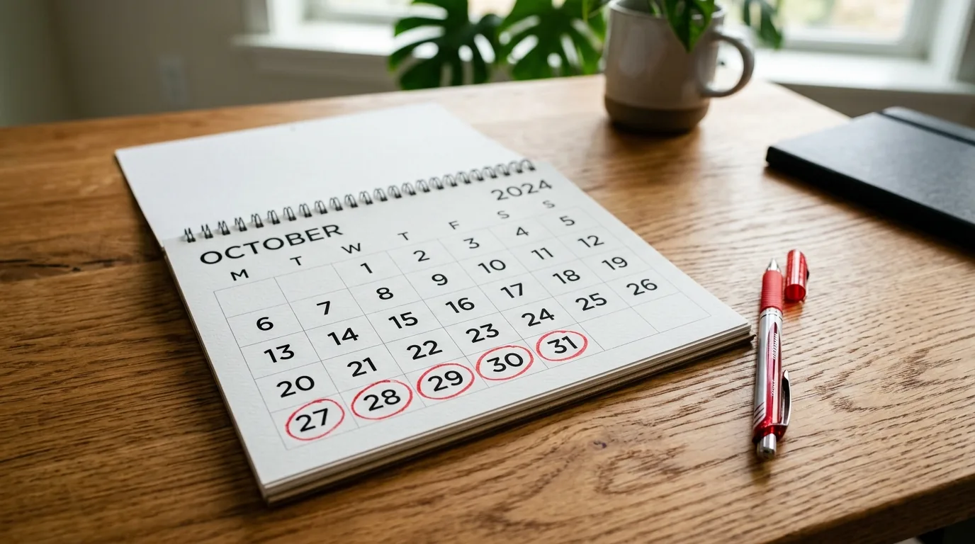 Calendario de mesa com dias do fim do mes circulados em caneta vermelha
