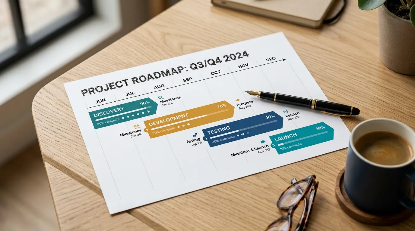 Roadmap de programa impresso com quatro etapas coloridas em linha do tempo