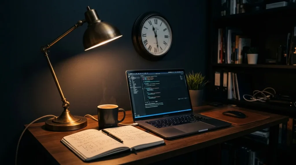 Mesa de trabalho à noite iluminada por luminária com notebook, caderno e relógio na parede